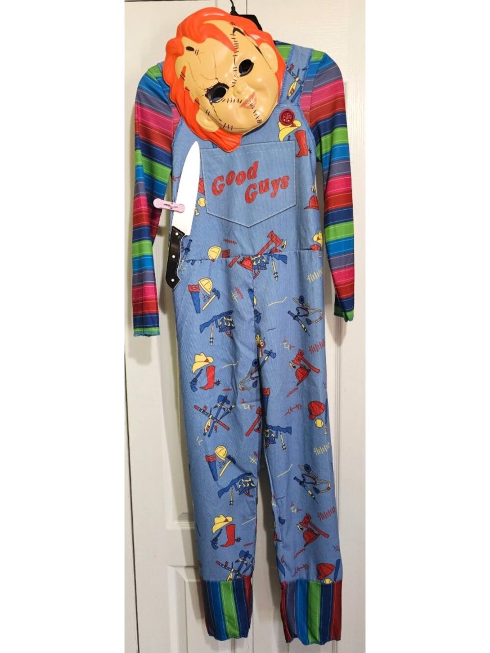 Chucky Costume Kids 10-12 Child's Play Good Guys Jumpsuit Mask Knife Halloween